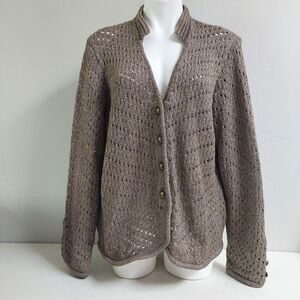 Chicos Army Green Metalic Gold‎ Crochet Knit Button Weave Sweater Women Size 3